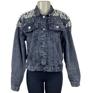 Womens Black Denim Pearl Embellished Jacket With Button Front & Chest Pockets